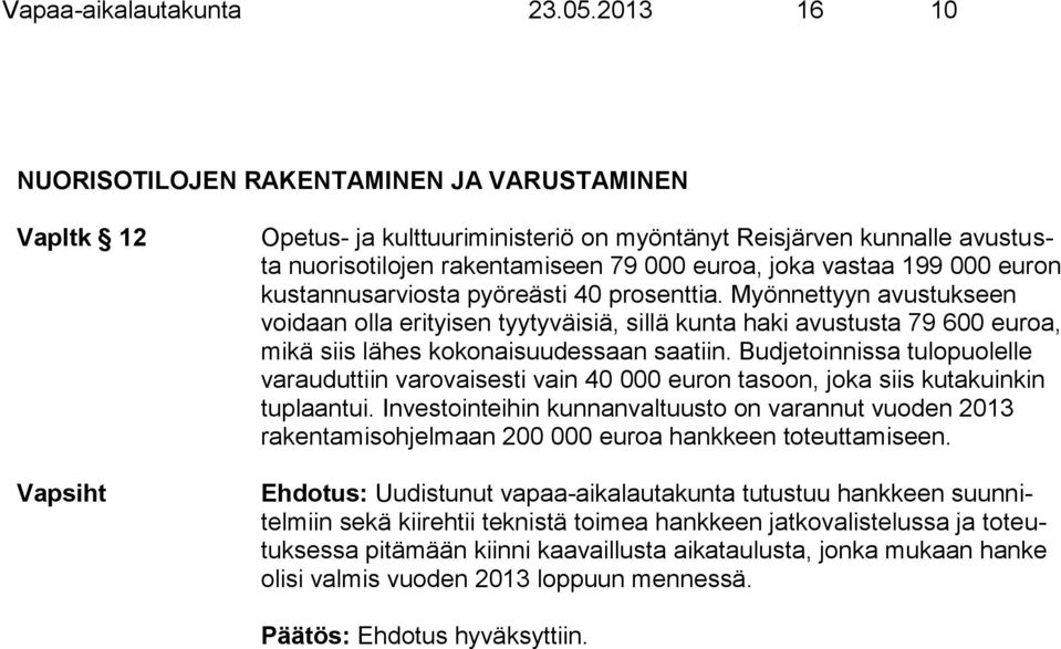 000 euron kustannusarviosta pyöreästi 40 prosenttia. Myönnettyyn avustukseen voidaan olla erityisen tyytyväisiä, sillä kunta haki avustusta 79 600 euroa, mikä siis lähes kokonaisuudessaan saatiin.