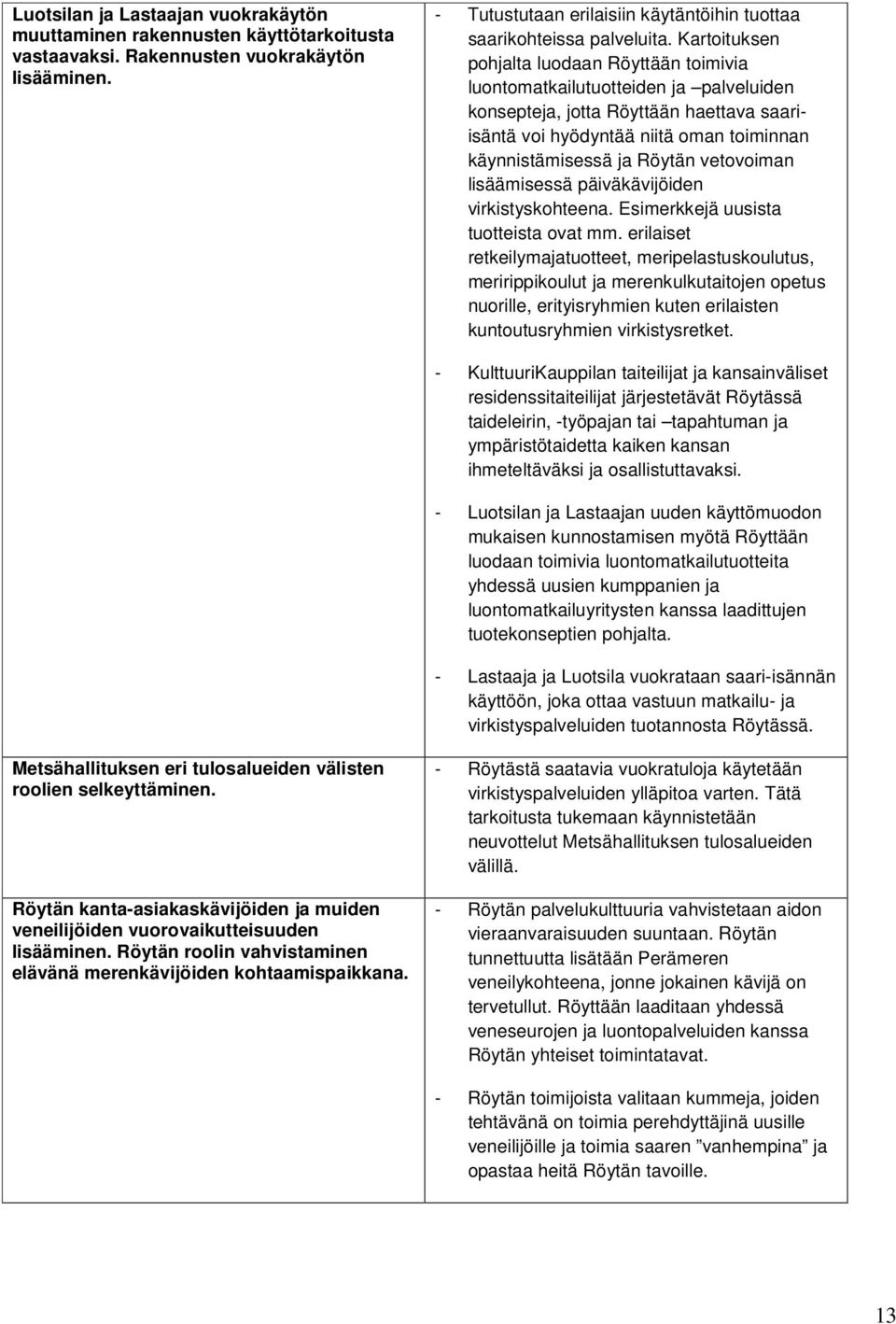 vetovoiman lisäämisessä päiväkävijöiden virkistyskohteena. Esimerkkejä uusista tuotteista ovat mm.