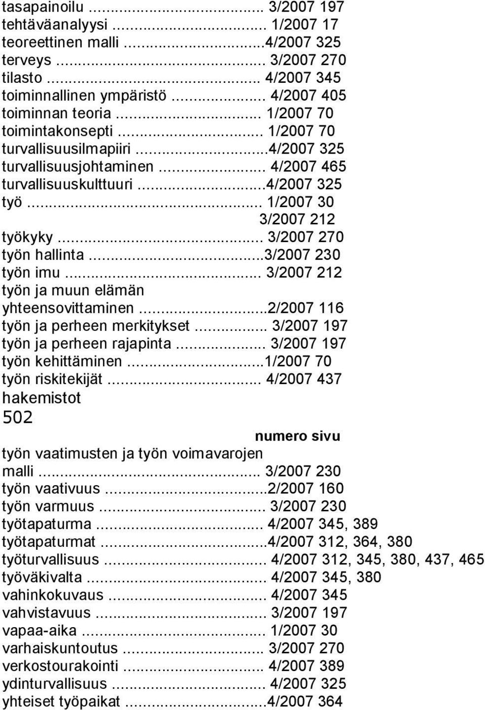 .. 3/2007 270 työn hallinta...3/2007 230 työn imu... 3/2007 212 työn ja muun elämän yhteensovittaminen...2/2007 116 työn ja perheen merkitykset... 3/2007 197 työn ja perheen rajapinta.