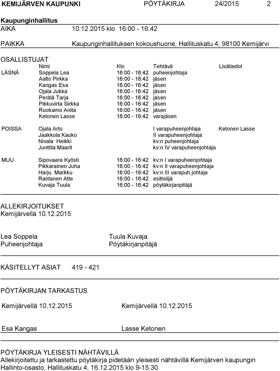 16:00-16:42 jäsen Kangas Esa 16:00-16:42 jäsen Ojala Jukka 16:00-16:42 jäsen Perälä Tarja 16:00-16:42 jäsen Pikkuvirta Sirkka 16:00-16:42 jäsen Ruokamo Anita 16:00-16:42 jäsen Ketonen Lasse