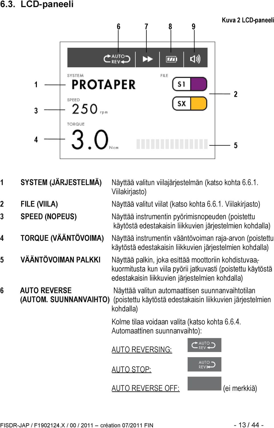 raja-arvon (poistettu käytöstä edestakaisin liikkuvien järjestelmien kohdalla) 5 VÄÄNTÖVOIMAN PALKKI Näyttää palkin, joka esittää moottoriin kohdistuvaa, kuormitusta kun viila pyörii jatkuvasti