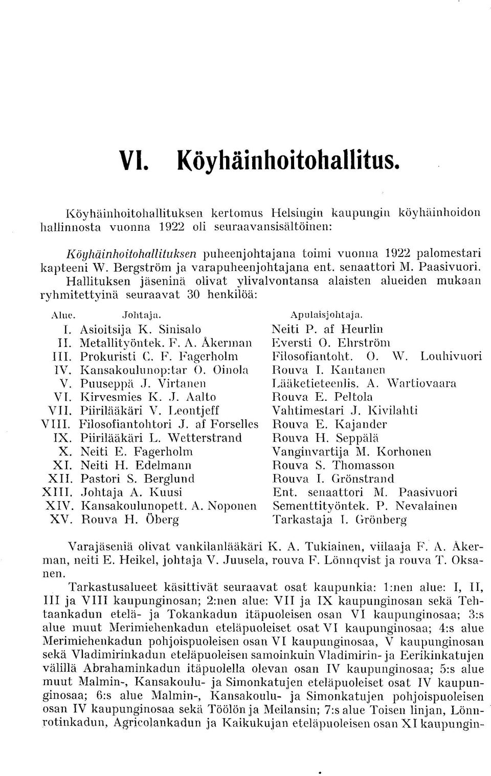 Bergström ja varapuheenjohtajana ent. senaattori M. aasivuori. Hallituksen jäseninä olivat ylivalvontansa alaisten alueiden mukaan ryhmitettyinä seuraavat 30 henkilöä: Alue. Johtaja. I. Asioitsija K.