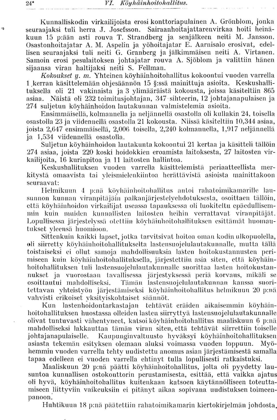 Aarnisalo erosivat, edellisen seuraajaksi tuli neiti G. Granberg ja jälkimmäisen neiti A. Virtanen. Samoin erosi pesulaitoksen johtajatar rouva A.