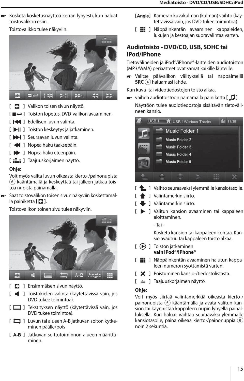 Audiotoisto - DVD/CD, USB, SDHC tai ipod/iphone Valikon toisen sivun näyttö. Toiston lopetus, DVD-valikon avaaminen. Edellisen luvun valinta. Toiston keskeytys ja jatkaminen. Seuraavan luvun valinta.