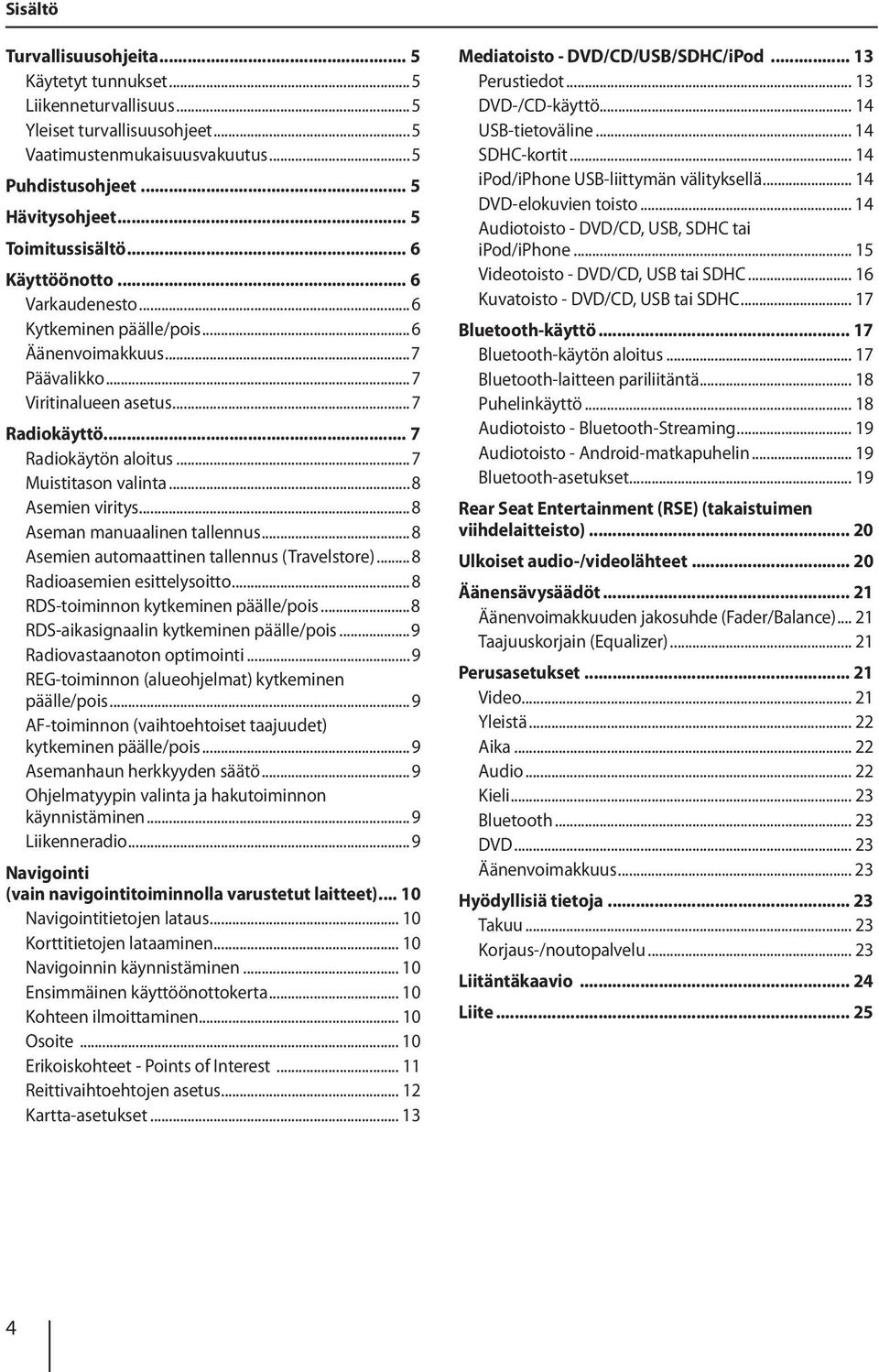 ..8 Asemien viritys...8 Aseman manuaalinen tallennus...8 Asemien automaattinen tallennus (Travelstore)...8 Radioasemien esittelysoitto...8 RDS-toiminnon kytkeminen päälle/pois.