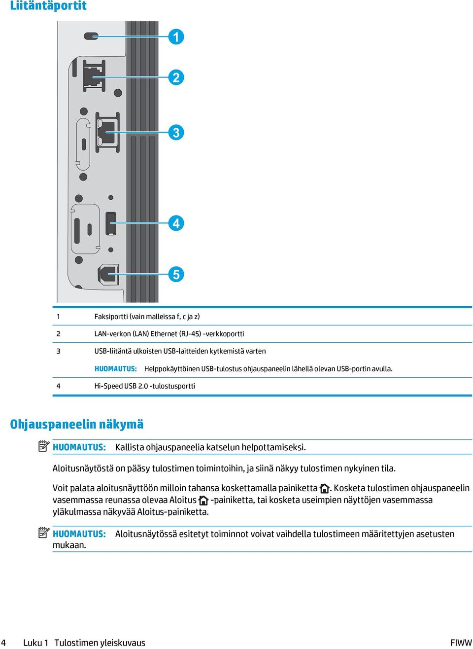 Aloitusnäytöstä on pääsy tulostimen toimintoihin, ja siinä näkyy tulostimen nykyinen tila. Voit palata aloitusnäyttöön milloin tahansa koskettamalla painiketta.