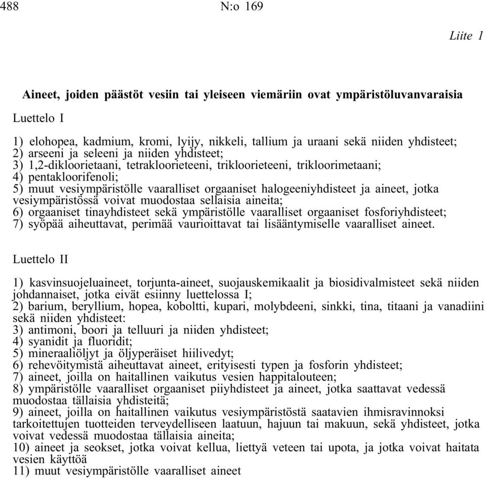 halogeeniyhdisteet ja aineet, jotka vesiympäristössä voivat muodostaa sellaisia aineita; 6) orgaaniset tinayhdisteet sekä ympäristölle vaaralliset orgaaniset fosforiyhdisteet; 7) syöpää aiheuttavat,