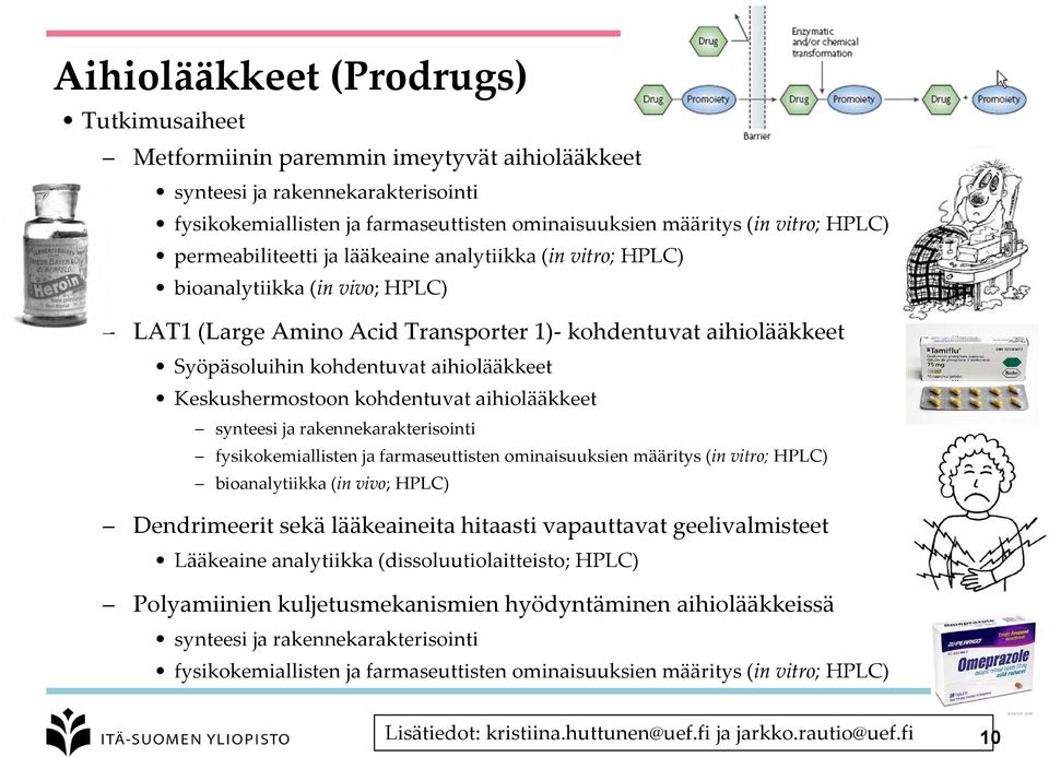 Keskushermostoon kohdentuvat aihiolääkkeet synteesi ja rakennekarakterisointi fysikokemiallisten ja farmaseuttisten ominaisuuksien määritys (in vitro; HPLC) bioanalytiikka (in vivo; HPLC)