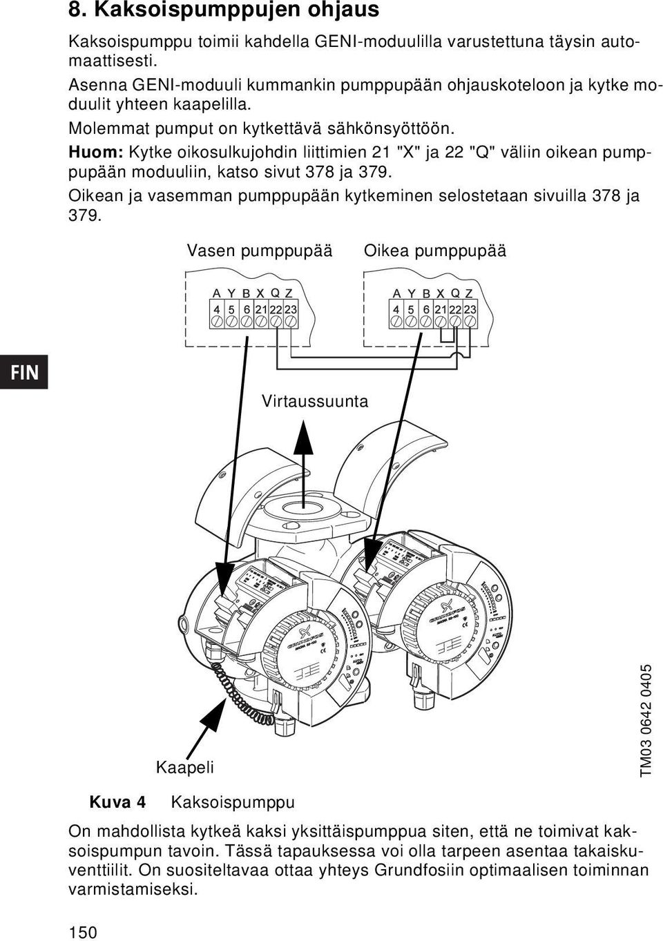 Huom: Kytke oikosulkujohdin liittimien 21 "X" ja 22 "Q" väliin oikean pumppupään moduuliin, katso sivut 378 ja 379. Oikean ja vasemman pumppupään kytkeminen selostetaan sivuilla 378 ja 379.