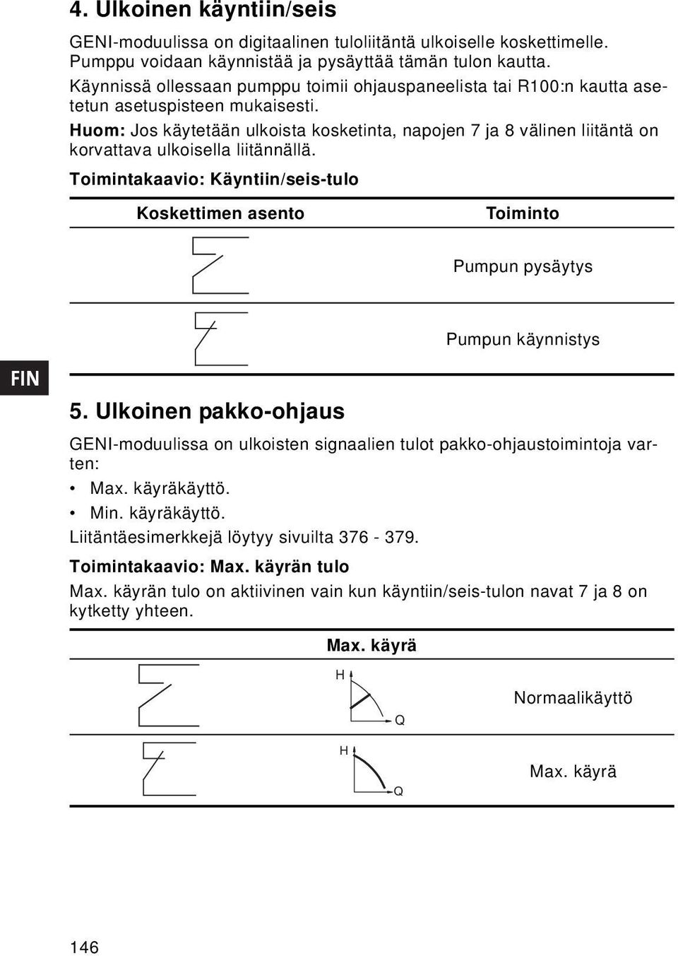 Huom: Jos käytetään ulkoista kosketinta, napojen 7 ja 8 välinen liitäntä on korvattava ulkoisella liitännällä.