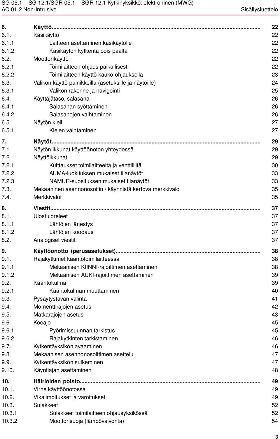 5. Näytön kieli 6.5.1 Kielen vaihtaminen 7. Näytöt... 7.1. Näytön ikkunat käyttöönoton yhteydessä 7.2. Näyttöikkunat 7.2.1 Kuittaukset toimilaitteelta ja venttiililtä 7.2.2 AUMA-luokituksen mukaiset tilanäytöt 7.