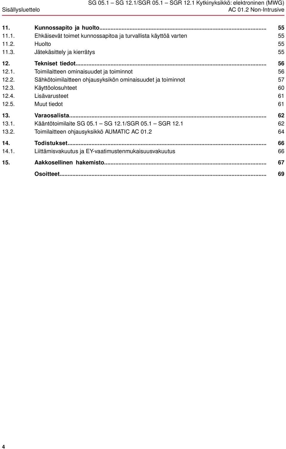 Käyttöolosuhteet 12.4. Lisävarusteet 12.5. Muut tiedot 13. Varaosalista... 13.1. Kääntötoimilaite SG 05.1 SG 12.1/SGR 05.1 SGR 12.1 13.2. Toimilaitteen ohjausyksikkö AUMATIC AC 01.