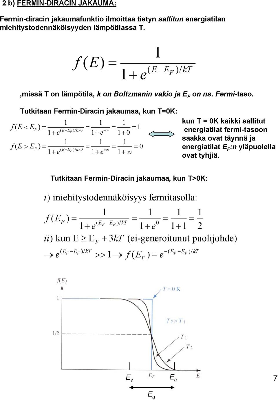 Tutkitaa Fri-Diraci jakauaa, ku T0K: f( < ) F ( F )/ k 0 + + + 0 f( > ) 0 + + + F ( F )/ k 0 + ku T 0K kaikki sallitut rgiatilat fri-tasoo