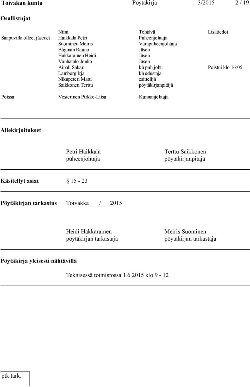 Poistui klo 16:05 Lamberg Irja kh edustaja Nikupeteri Matti esittelijä Saikkonen Terttu pöytäkirjanpitäjä Poissa Vesterinen Pirkko Liisa Kunnanjohtaja Allekirjoitukset Petri