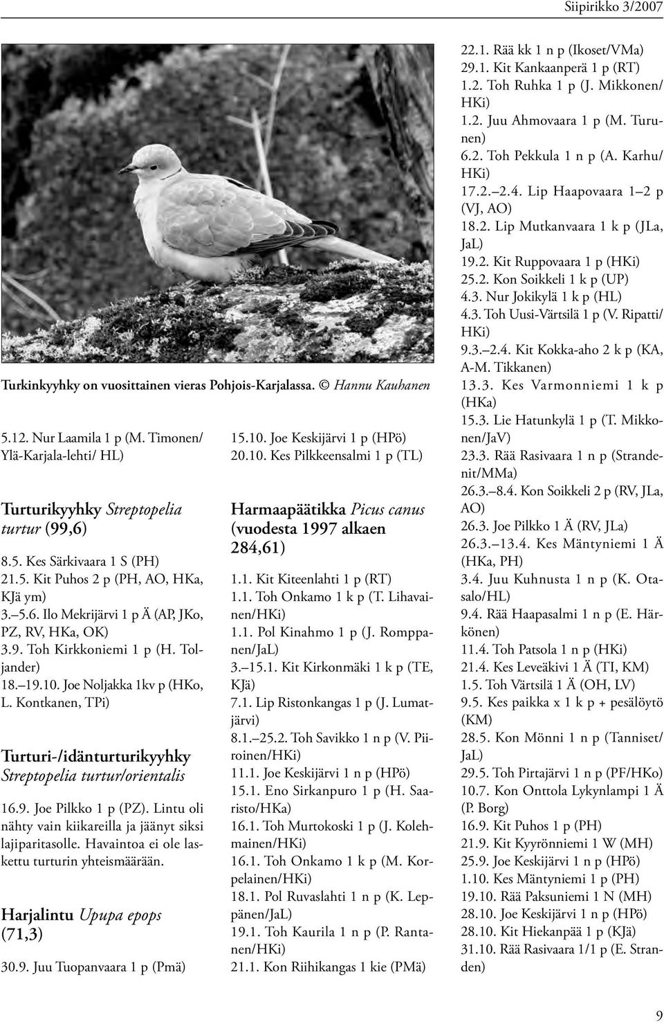 Kontkanen, TPi) Turturi-/idänturturikyyhky Streptopelia turtur/orientalis 16.9. Joe Pilkko 1 p (PZ). Lintu oli nähty vain kiikareilla ja jäänyt siksi lajiparitasolle.