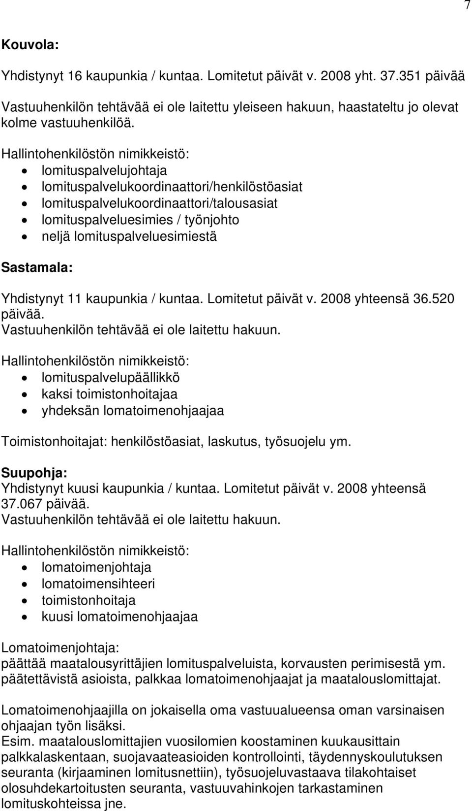 lomituspalveluesimiestä Sastamala: Yhdistynyt 11 kaupunkia / kuntaa. Lomitetut päivät v. 2008 yhteensä 36.520 päivää. Vastuuhenkilön tehtävää ei ole laitettu hakuun.