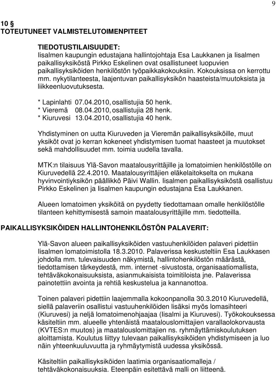 2010, osallistujia 50 henk. * Vieremä 08.04.2010, osallistujia 28 henk. * Kiuruvesi 13.04.2010, osallistujia 40 henk.