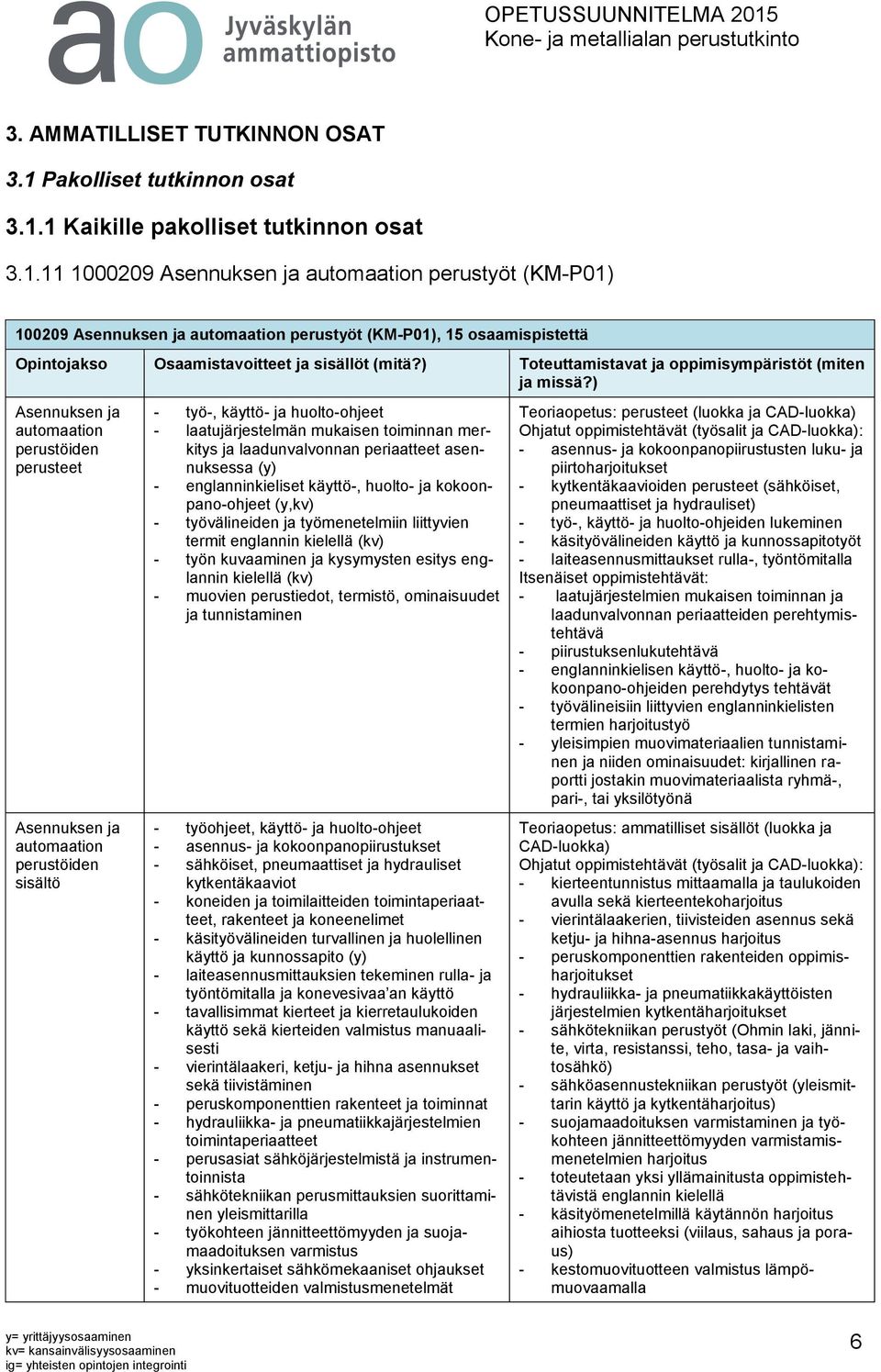 1 Kaikille pakolliset tutkinnon osat 3.1.11 1000209 Asennuksen ja automaation perustyöt (KM-P01) 100209 Asennuksen ja automaation perustyöt (KM-P01), 15 osaamispistettä Opintojakso Osaamistavoitteet ja sisällöt (mitä?