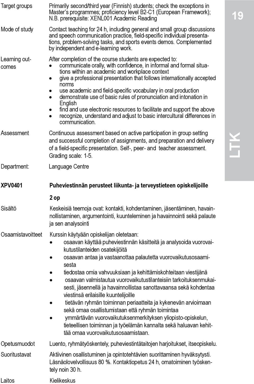 prerequisite: XENL001 Academic Reading Contact teaching for 24 h, including general and small group discussions and speech communication practice, field-specific individual presentations,