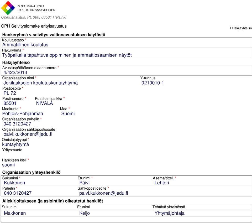 * 85501 NIVALA Maakunta * Maa * Pohjois-Pohjanmaa Suomi Organisaation puhelin * 040 3120427 Organisaation sähköpostiosoite paivi.kukkonen@jedu.