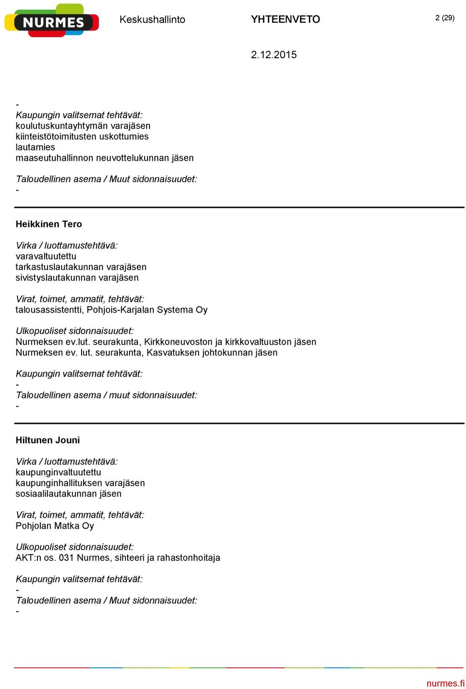 seurakunta, Kirkkoneuvoston ja kirkkovaltuuston jäsen Nurmeksen ev. lut.