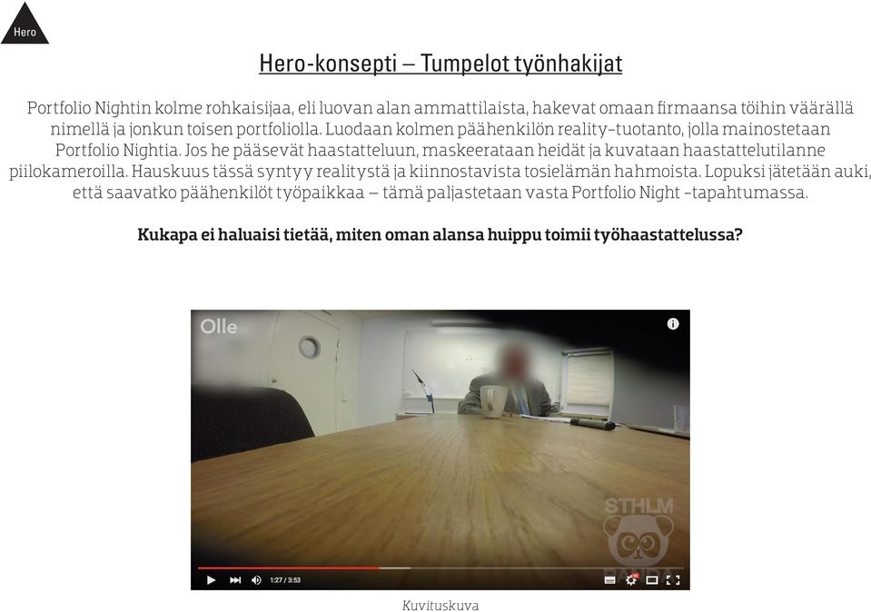 Jos he pääsevät haastatteluun, maskeerataan heidät ja kuvataan haastattelutilanne piilokameroilla.