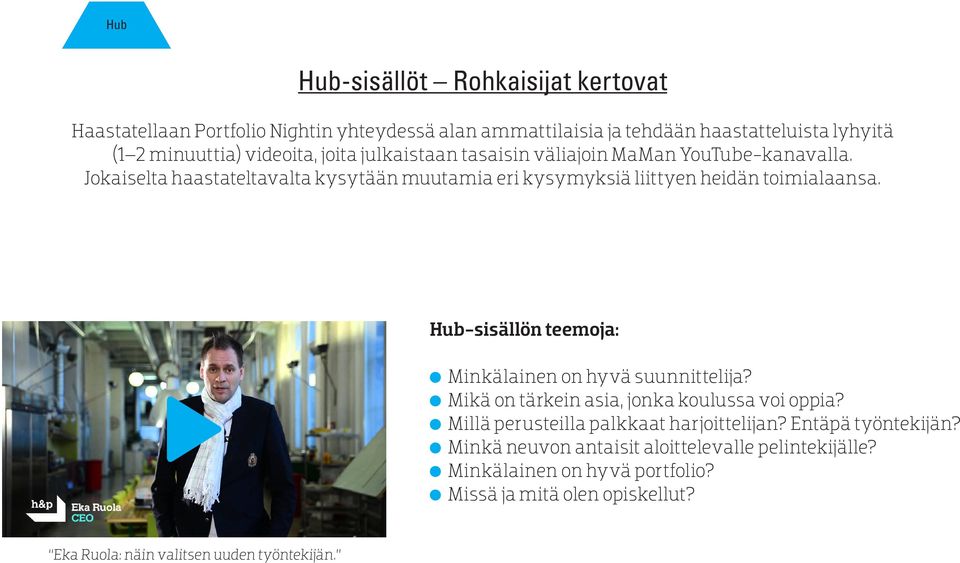 Jokaiselta haastateltavalta kysytään muutamia eri kysymyksiä liittyen heidän toimialaansa. Hub-sisällön teemoja: Minkälainen on hyvä suunnittelija?