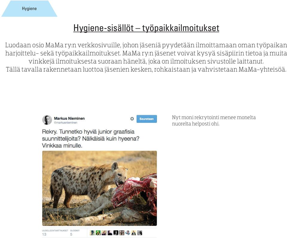 MaMa ry:n jäsenet voivat kysyä sisäpiirin tietoa ja muita vinkkejä ilmoituksesta suoraan häneltä, joka on