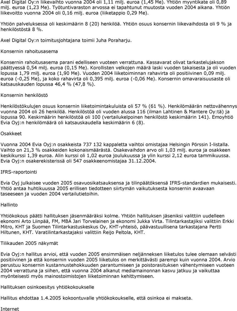 Axel Digital Oy:n toimitusjohtajana toimii Juha Poraharju. Konsernin rahoitusasema Konsernin rahoitusasema parani edelliseen vuoteen verrattuna.