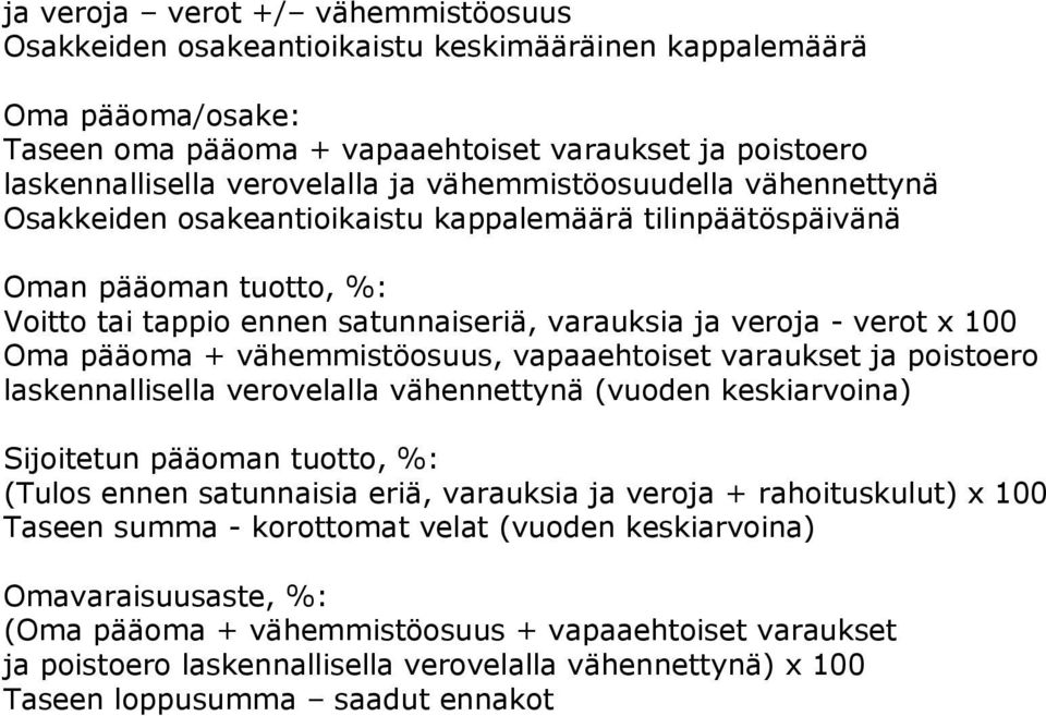 pääoma + vähemmistöosuus, vapaaehtoiset varaukset ja poistoero laskennallisella verovelalla vähennettynä (vuoden keskiarvoina) Sijoitetun pääoman tuotto, %: (Tulos ennen satunnaisia eriä, varauksia