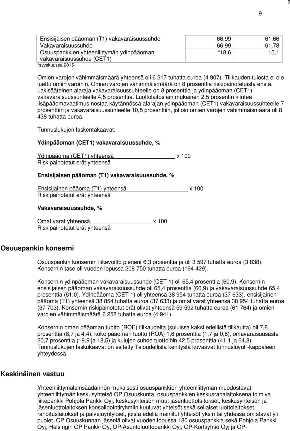 Lakisääteinen alaraja vakavaraisuussuhteelle on 8 prosenttia ja ydinpääoman (CET1) vakavaraisuussuhteelle 4,5 prosenttia.