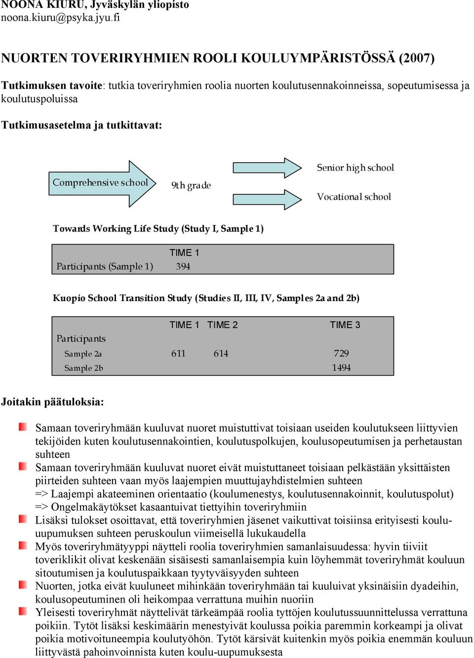 tutkittavat: Comprehensive school 9th grade Senior high school Vocational school Towards Working Life Study (Study I, Sample 1) TIME 1 Participants (Sample 1) 394 Kuopio School Transition Study