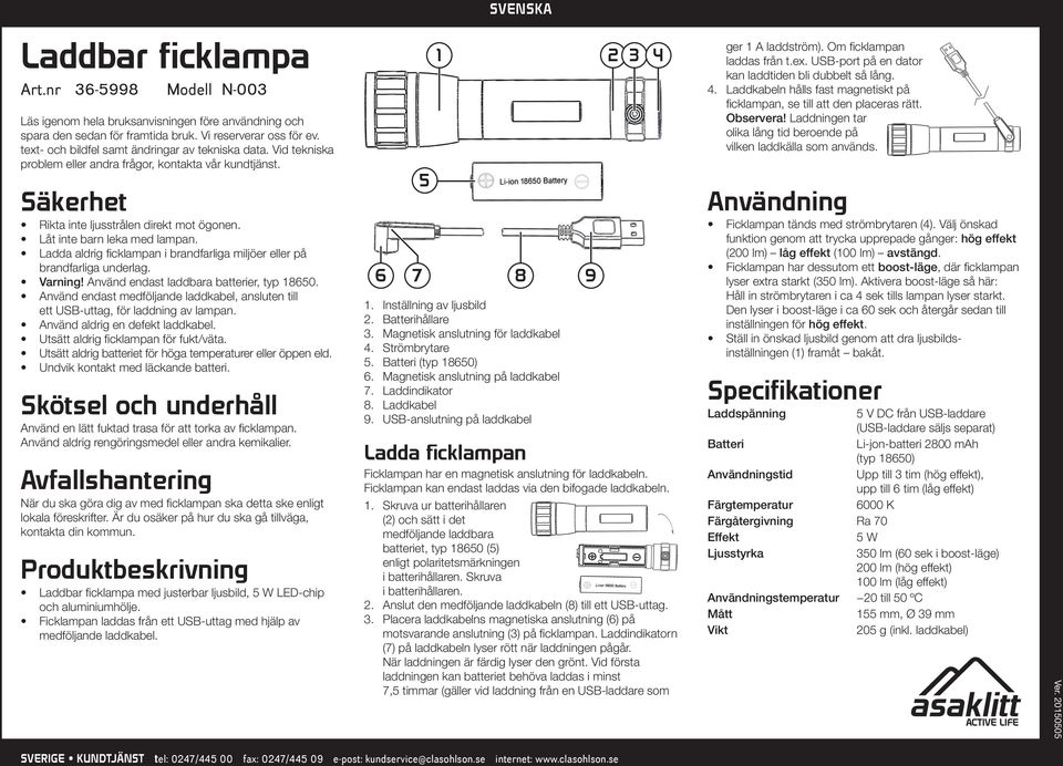 Ladda aldrig ficklampan i brandfarliga miljöer eller på brandfarliga underlag. Varning! Använd endast laddbara batterier, typ 1860.