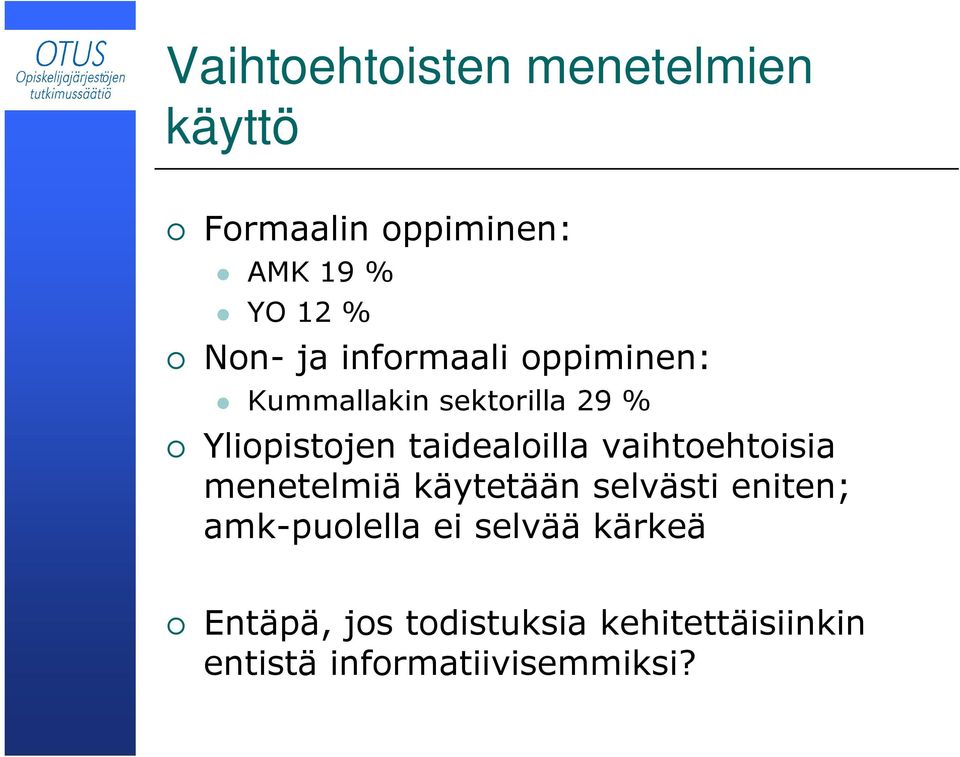 taidealoilla vaihtoehtoisia menetelmiä käytetään selvästi eniten;