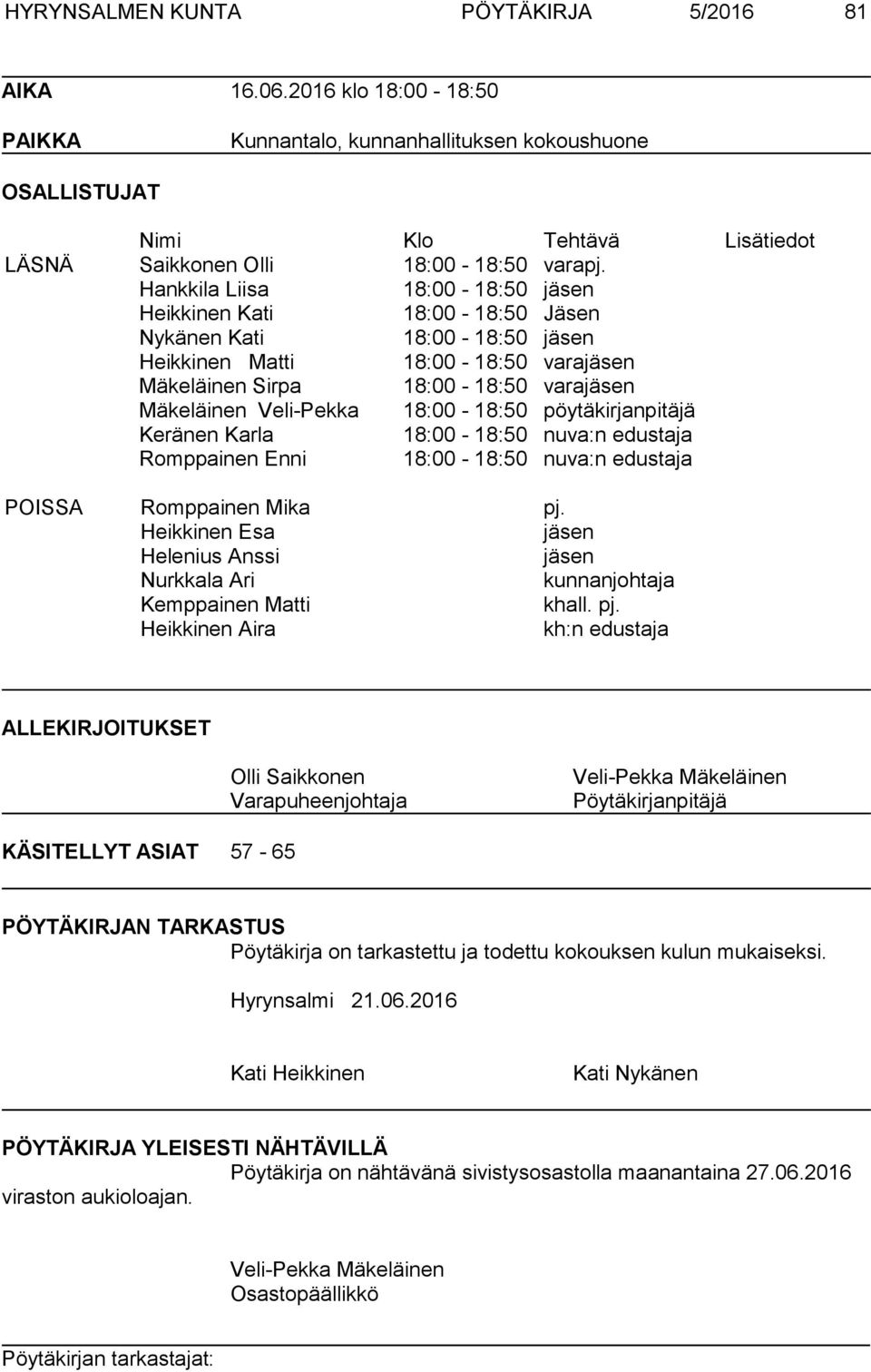 Hankkila Liisa 18:00-18:50 jäsen Heikkinen Kati 18:00-18:50 Jäsen Nykänen Kati 18:00-18:50 jäsen Heikkinen Matti 18:00-18:50 varajäsen Mäkeläinen Sirpa 18:00-18:50 varajäsen Mäkeläinen Veli-Pekka