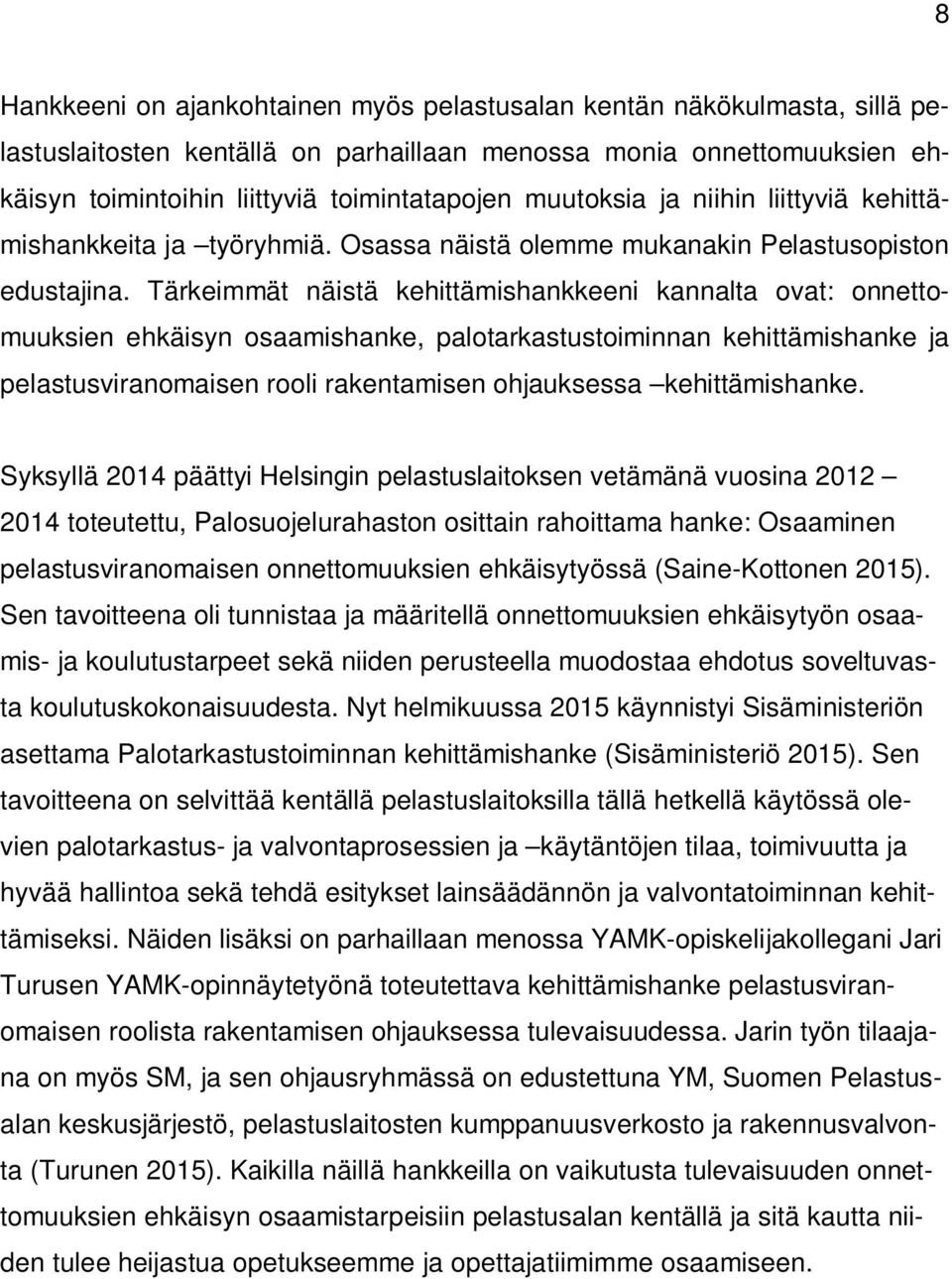 Tärkeimmät näistä kehittämishankkeeni kannalta ovat: onnettomuuksien ehkäisyn osaamishanke, palotarkastustoiminnan kehittämishanke ja pelastusviranomaisen rooli rakentamisen ohjauksessa