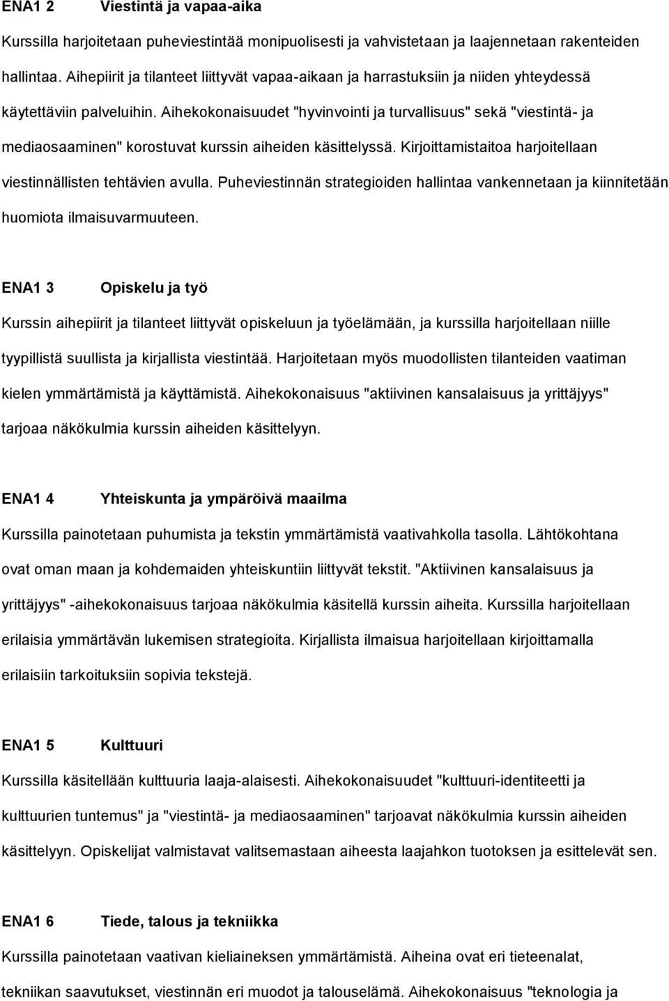 Aihekokonaisuudet "hyvinvointi ja turvallisuus" sekä "viestintä- ja mediaosaaminen" korostuvat kurssin aiheiden käsittelyssä. Kirjoittamistaitoa harjoitellaan viestinnällisten tehtävien avulla.