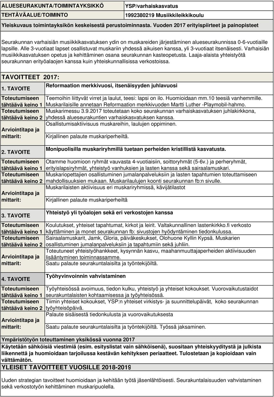 Alle 3-vuotiaat lapset osallistuvat muskariin yhdessä aikuisen kanssa, yli 3-vuotiaat itsenäisesti. Varhaisiän musiikkikasvatuksen opetus ja kehittäminen osana seurakunnan kasteopetusta.