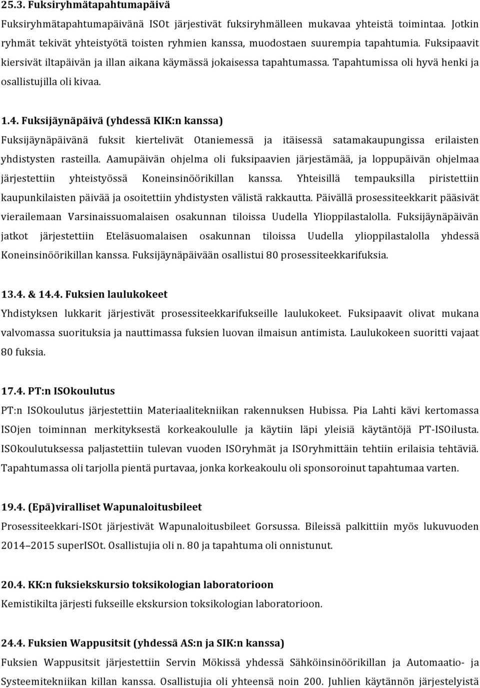 Tapahtumissa oli hyvä henki ja osallistujilla oli kivaa. 1.4.