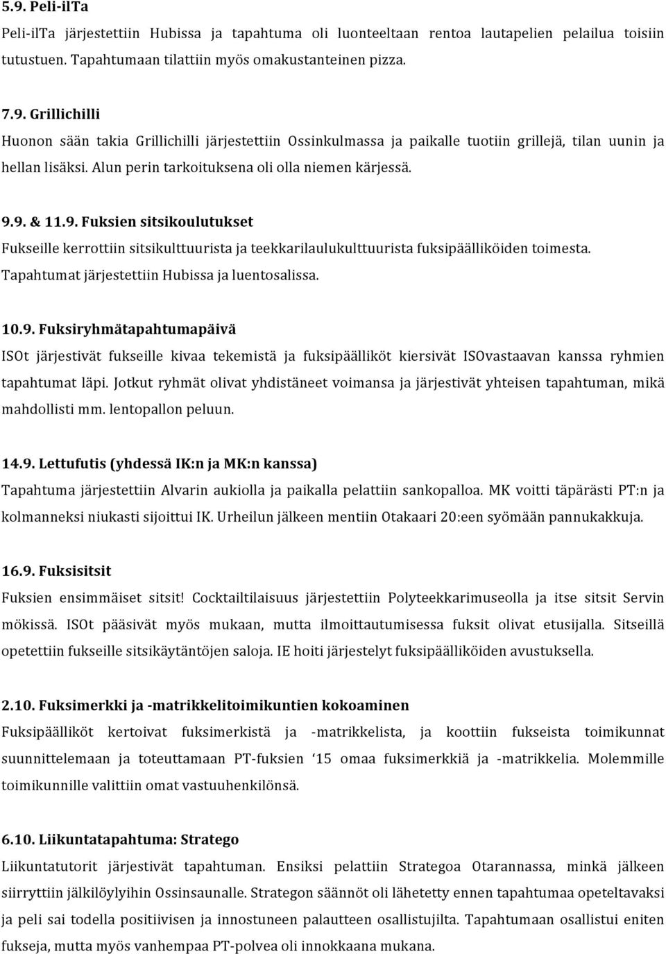 Tapahtumat järjestettiin Hubissa ja luentosalissa. 10.9. Fuksiryhmätapahtumapäivä ISOt järjestivät fukseille kivaa tekemistä ja fuksipäälliköt kiersivät ISOvastaavan kanssa ryhmien tapahtumat läpi.