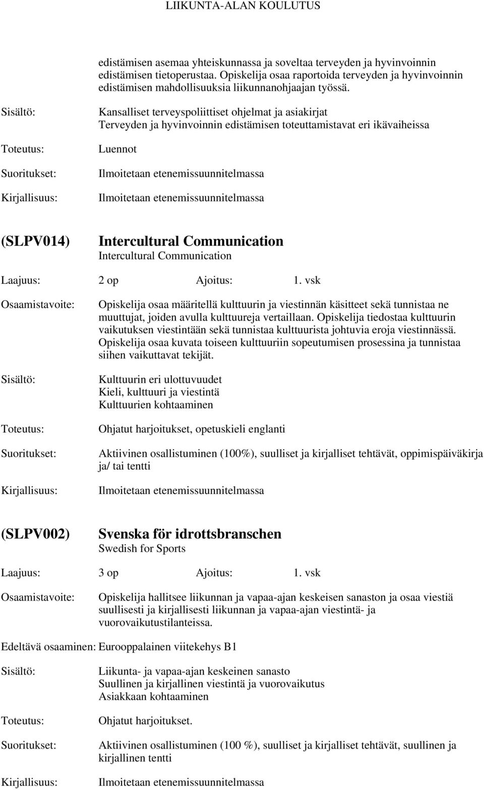 Kansalliset terveyspoliittiset ohjelmat ja asiakirjat Terveyden ja hyvinvoinnin edistämisen toteuttamistavat eri ikävaiheissa Luennot (SLPV014) Intercultural Communication Intercultural Communication