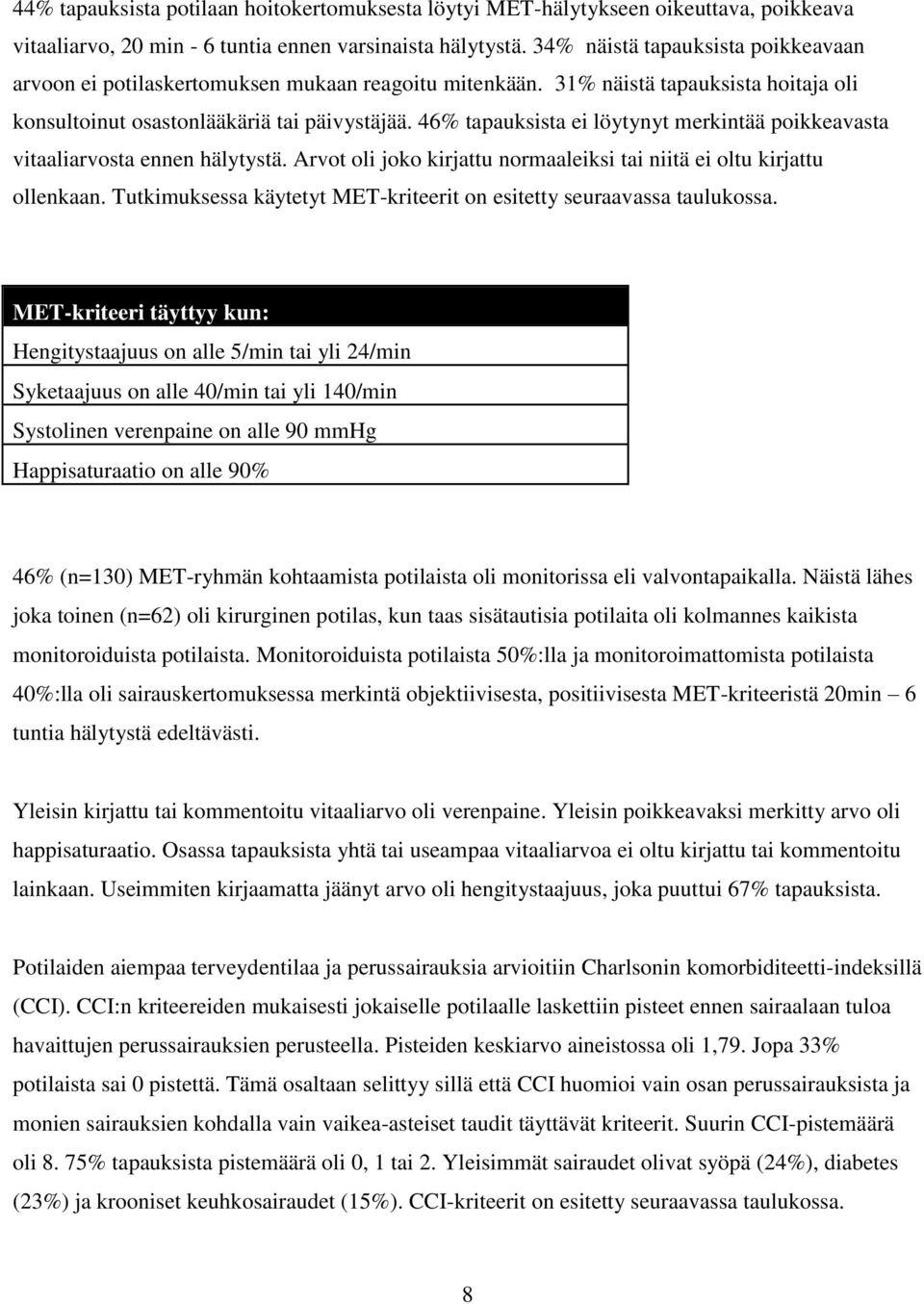 46% tapauksista ei löytynyt merkintää poikkeavasta vitaaliarvosta ennen hälytystä. Arvot oli joko kirjattu normaaleiksi tai niitä ei oltu kirjattu ollenkaan.