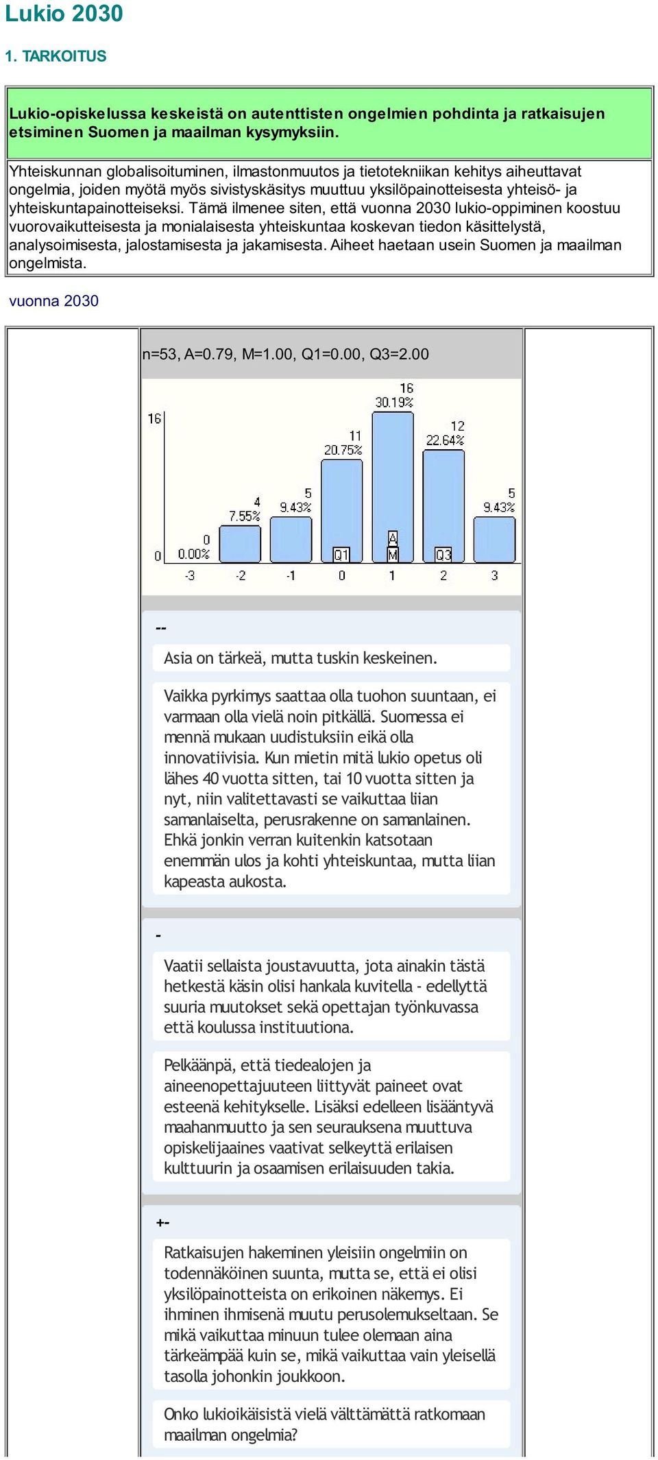 Tämä ilmenee siten, että vuonna 2030 lukio-oppiminen koostuu vuorovaikutteisesta ja monialaisesta yhteiskuntaa koskevan tiedon käsittelystä, analysoimisesta, jalostamisesta ja jakamisesta.