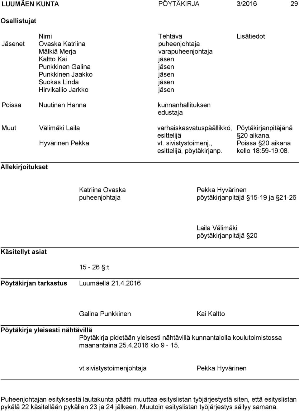 , esittelijä, pöytäkirjanp. Pöytäkirjanpitäjänä 20 aikana. Poissa 20 aikana kello 18:59-19:08.