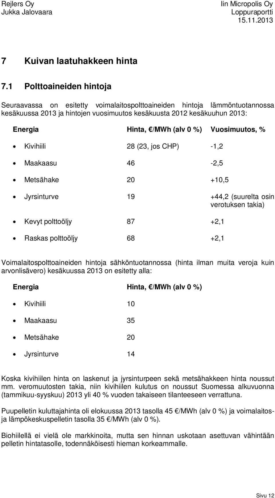 0 %) Vuosimuutos, % Kivihiili 28 (23, jos CHP) -1,2 Maakaasu 46-2,5 Metsähake 20 +10,5 Jyrsinturve 19 +44,2 (suurelta osin verotuksen takia) Kevyt polttoöljy 87 +2,1 Raskas polttoöljy 68 +2,1