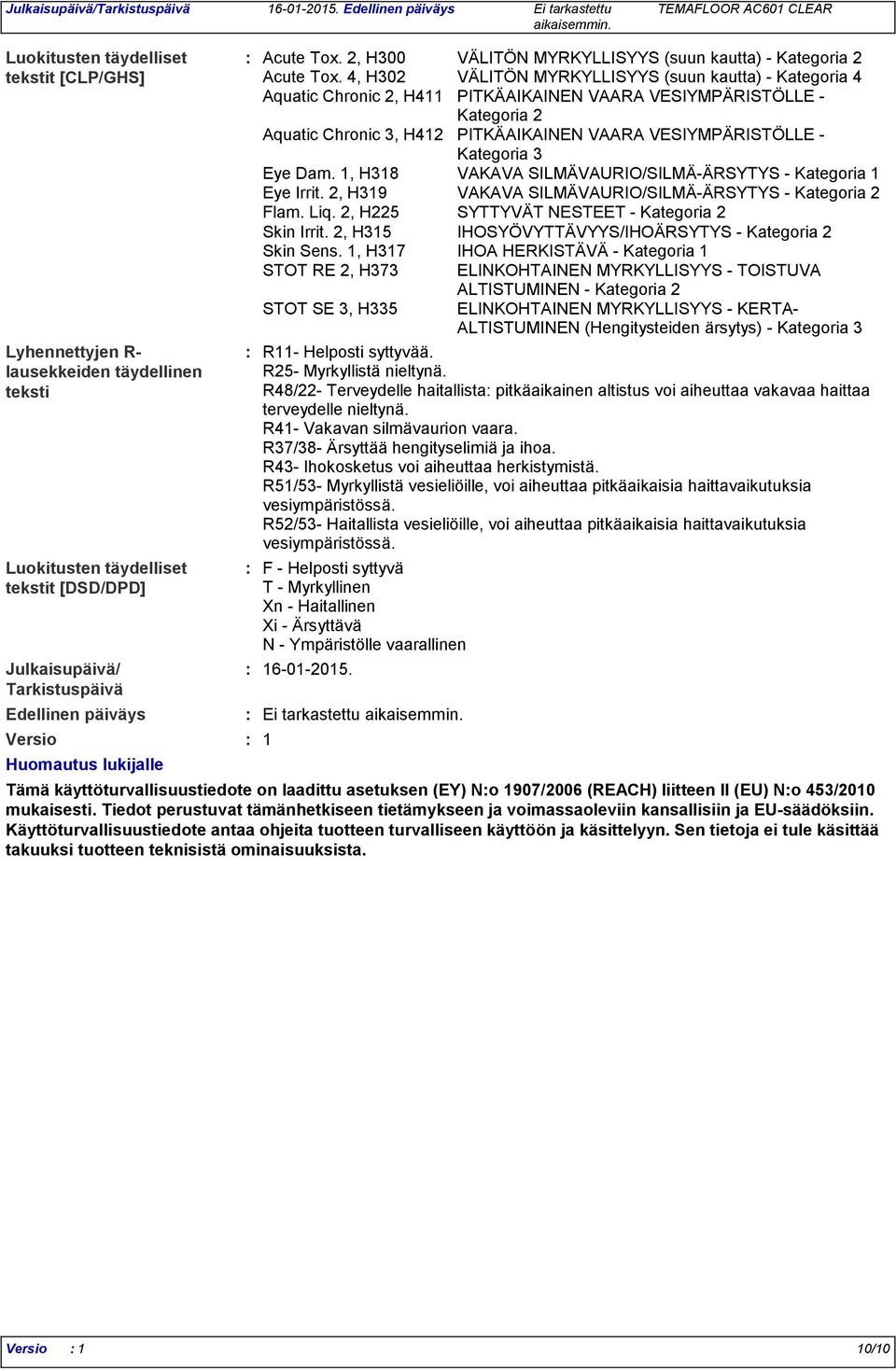 4, H302 VÄLITÖN MYRKYLLISYYS (suun kautta) - Kategoria 4 Aquatic Chronic 2, H411 PITKÄAIKAINEN VAARA VESIYMPÄRISTÖLLE - Kategoria 2 Aquatic Chronic 3, H412 PITKÄAIKAINEN VAARA VESIYMPÄRISTÖLLE -