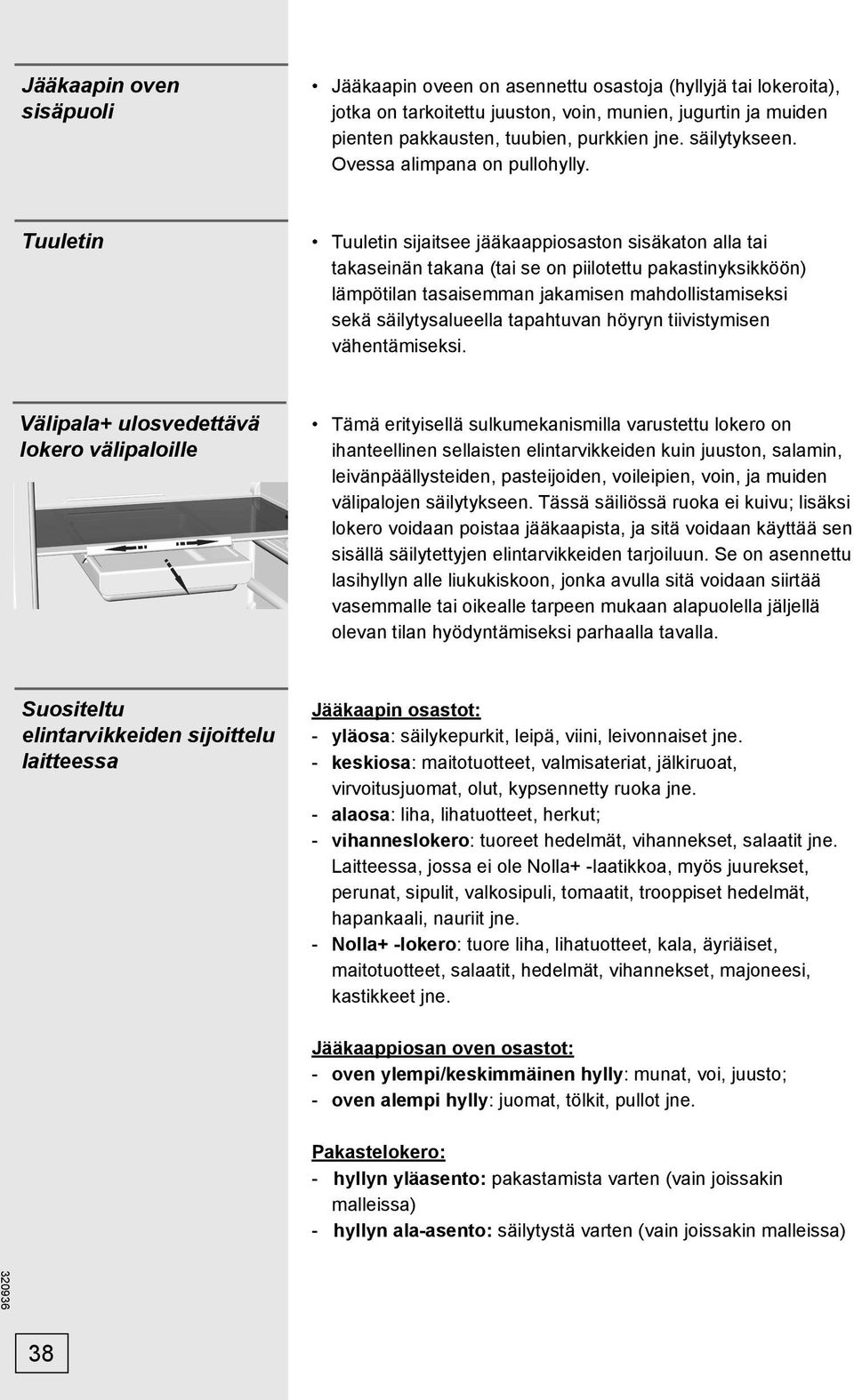 Tuuletin Tuuletin sijaitsee jääkaappiosaston sisäkaton alla tai takaseinän takana (tai se on piilotettu pakastinyksikköön) lämpötilan tasaisemman jakamisen mahdollistamiseksi sekä säilytysalueella