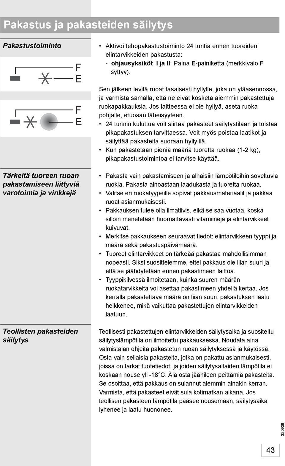Jos laitteessa ei ole hyllyä, aseta ruoka pohjalle, etuosan läheisyyteen. 24 tunnin kuluttua voit siirtää pakasteet säilytystilaan ja toistaa pikapakastuksen tarvittaessa.