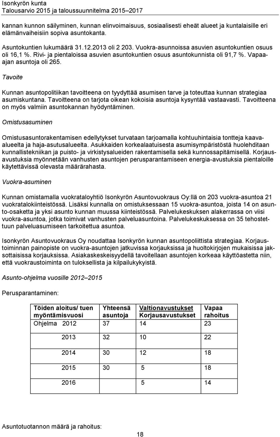 Tavoite Kunnan asuntopolitiikan tavoitteena on tyydyttää asumisen tarve ja toteuttaa kunnan strategiaa asumiskuntana. Tavoitteena on tarjota oikean koisia asuntoja kysyntää vastaavasti.