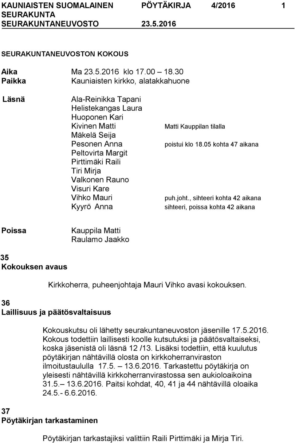 Rauno Visuri Kare Vihko Mauri Kyyrö Anna Matti Kauppilan tilalla poistui klo 18.05 kohta 47 aikana puh.joht.